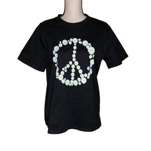 NEW Unishe Black T Shirt with Daisy Peace Sign NWT